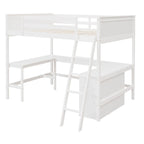 Letto a soppalco full-size con mensole e scrivania integrata, struttura in metallo, design salvaspazio