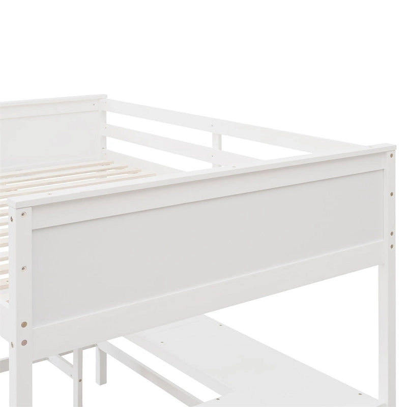 Letto a soppalco full-size con mensole e scrivania integrata, struttura in metallo, design salvaspazio