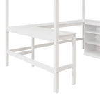 Letto a soppalco full-size con mensole e scrivania integrata, struttura in metallo, design salvaspazio