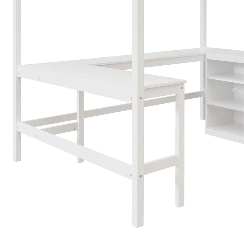 Letto a soppalco full-size con mensole e scrivania integrata, struttura in metallo, design salvaspazio