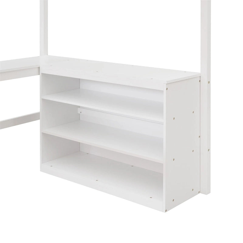 Letto a soppalco full-size con mensole e scrivania integrata, struttura in metallo, design salvaspazio