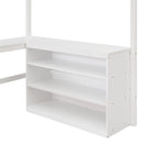 Letto a soppalco full-size con mensole e scrivania integrata, struttura in metallo, design salvaspazio