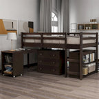 Letto a soppalco basso singolo con scrivania estraibile, 3 cassetti e libreria a 2 ripiani, legno di pino, espresso/grigio/bianco