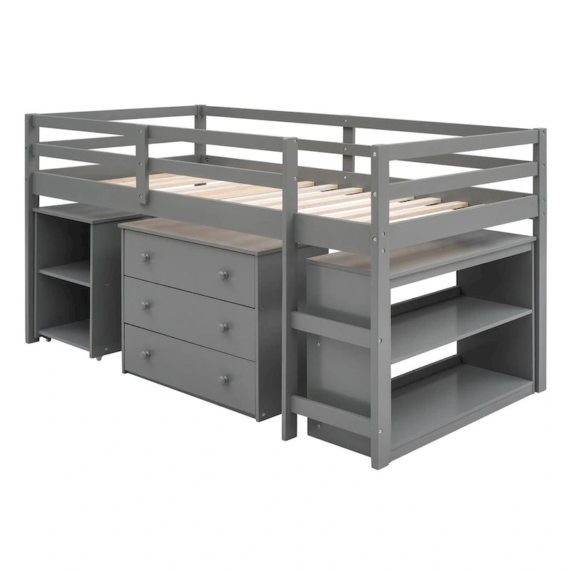 Letto a soppalco basso singolo con scrivania estraibile, 3 cassetti e libreria a 2 ripiani, legno di pino, espresso/grigio/bianco