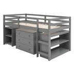 Letto a soppalco basso singolo con scrivania estraibile, 3 cassetti e libreria a 2 ripiani, legno di pino, espresso/grigio/bianco