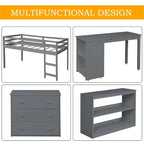 Letto a soppalco basso singolo con scrivania estraibile, 3 cassetti e libreria a 2 ripiani, legno di pino, espresso/grigio/bianco