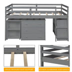 Letto a soppalco basso singolo con scrivania estraibile, 3 cassetti e libreria a 2 ripiani, legno di pino, espresso/grigio/bianco