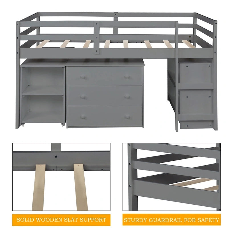 Letto a soppalco basso singolo con scrivania estraibile, 3 cassetti e libreria a 2 ripiani, legno di pino, espresso/grigio/bianco