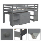 Letto a soppalco basso singolo con scrivania estraibile, 3 cassetti e libreria a 2 ripiani, legno di pino, espresso/grigio/bianco