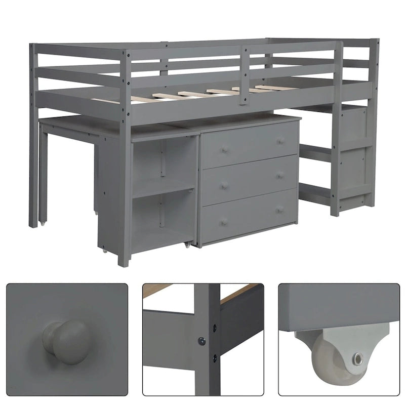 Letto a soppalco basso singolo con scrivania estraibile, 3 cassetti e libreria a 2 ripiani, legno di pino, espresso/grigio/bianco