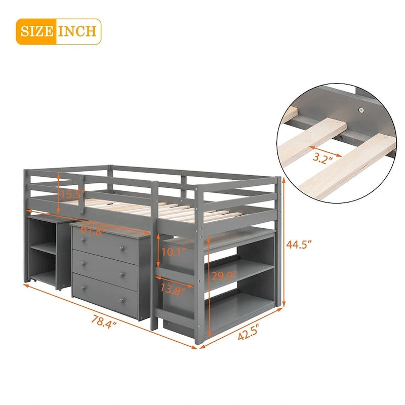 Letto a soppalco basso singolo con scrivania estraibile, 3 cassetti e libreria a 2 ripiani, legno di pino, espresso/grigio/bianco