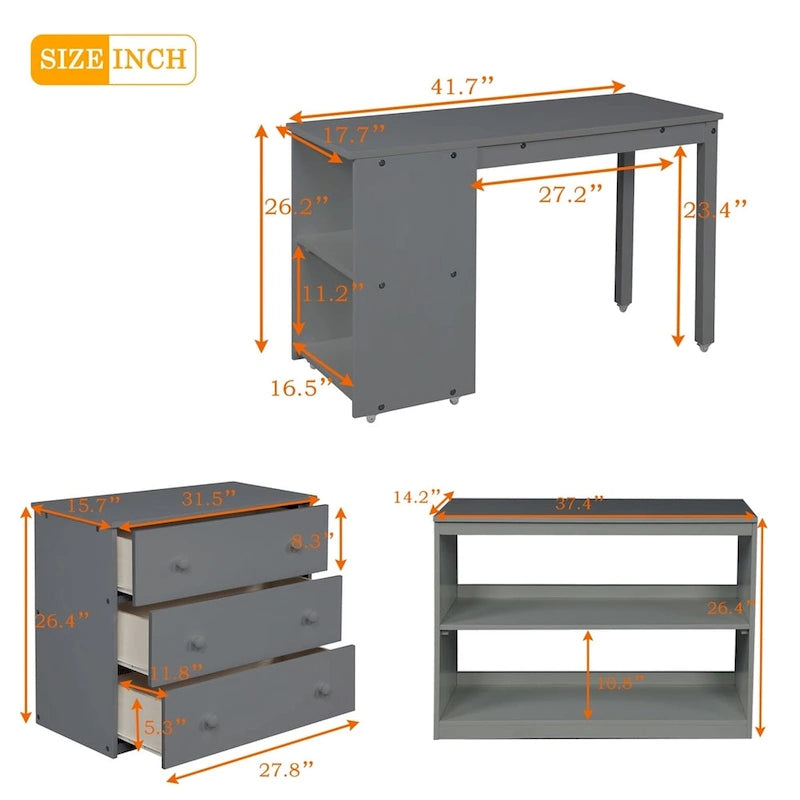 Letto a soppalco basso singolo con scrivania estraibile, 3 cassetti e libreria a 2 ripiani, legno di pino, espresso/grigio/bianco