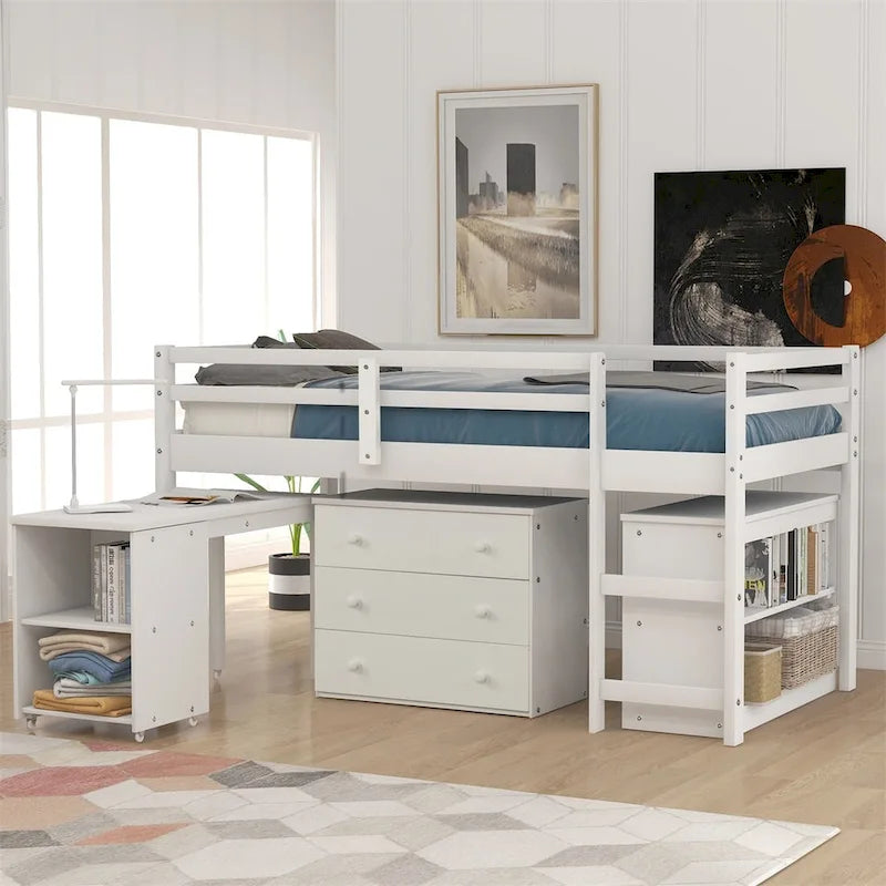 Letto a soppalco basso singolo con scrivania estraibile, 3 cassetti e libreria a 2 ripiani, legno di pino, espresso/grigio/bianco