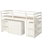 Letto a soppalco basso singolo con scrivania estraibile, 3 cassetti e libreria a 2 ripiani, legno di pino, espresso/grigio/bianco