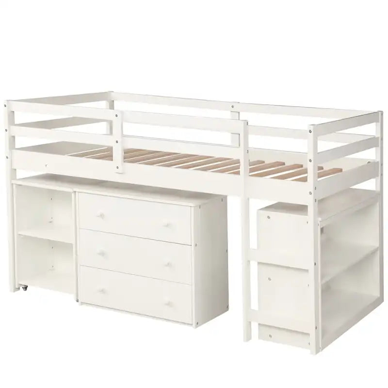 Letto a soppalco basso singolo con scrivania estraibile, 3 cassetti e libreria a 2 ripiani, legno di pino, espresso/grigio/bianco