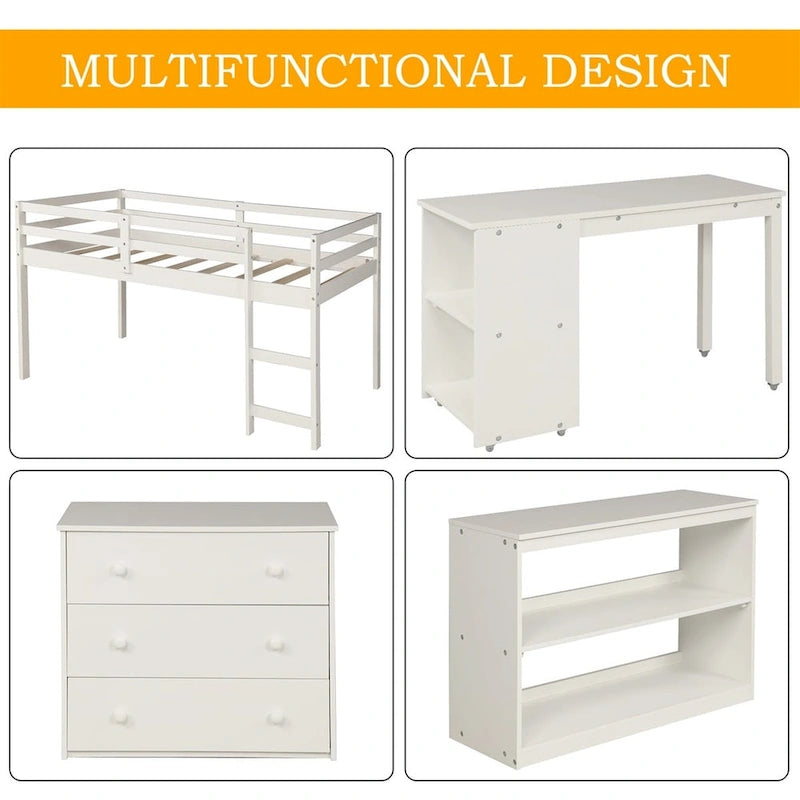 Letto a soppalco basso singolo con scrivania estraibile, 3 cassetti e libreria a 2 ripiani, legno di pino, espresso/grigio/bianco