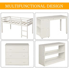 Letto a soppalco basso singolo con scrivania estraibile, 3 cassetti e libreria a 2 ripiani, legno di pino, espresso/grigio/bianco