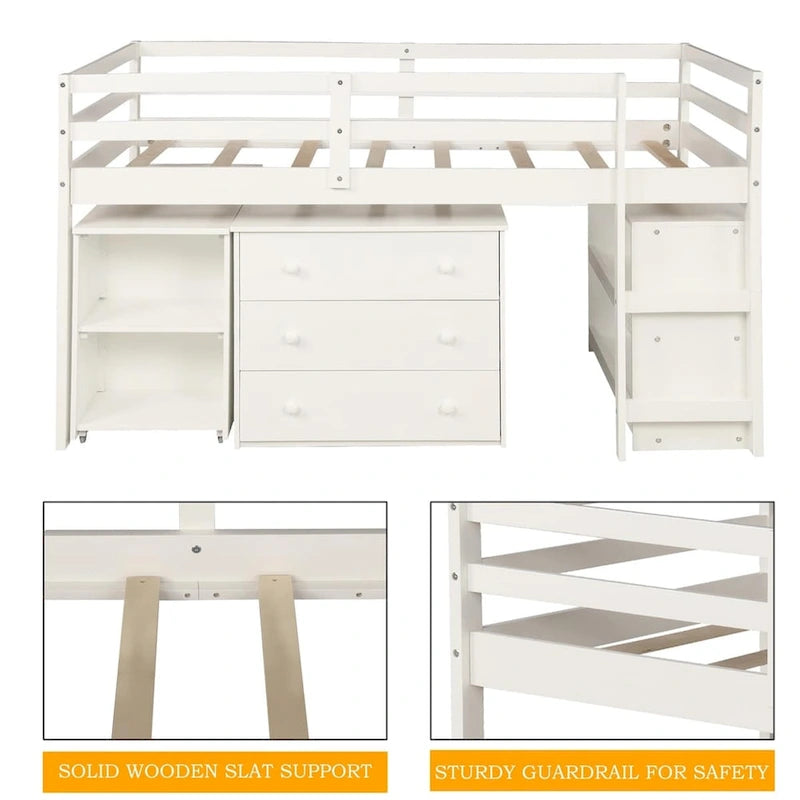 Letto a soppalco basso singolo con scrivania estraibile, 3 cassetti e libreria a 2 ripiani, legno di pino, espresso/grigio/bianco