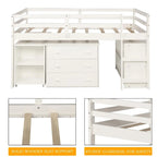 Letto a soppalco basso singolo con scrivania estraibile, 3 cassetti e libreria a 2 ripiani, legno di pino, espresso/grigio/bianco