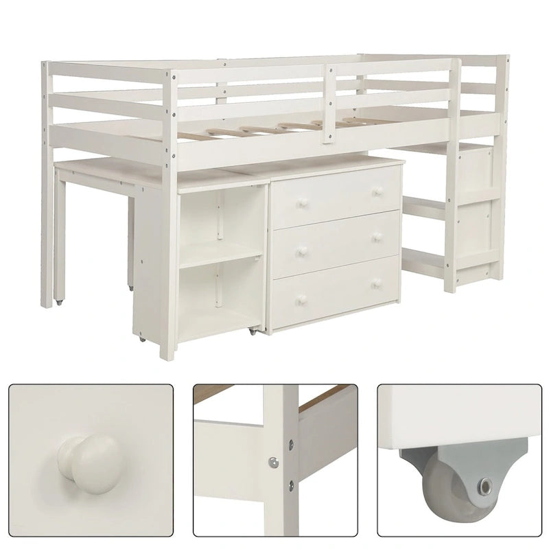 Letto a soppalco basso singolo con scrivania estraibile, 3 cassetti e libreria a 2 ripiani, legno di pino, espresso/grigio/bianco