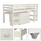 Letto a soppalco basso singolo con scrivania estraibile, 3 cassetti e libreria a 2 ripiani, legno di pino, espresso/grigio/bianco