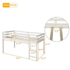 Letto a soppalco basso singolo con scrivania estraibile, 3 cassetti e libreria a 2 ripiani, legno di pino, espresso/grigio/bianco