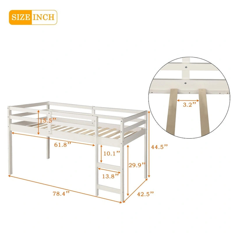 Letto a soppalco basso singolo con scrivania estraibile, 3 cassetti e libreria a 2 ripiani, legno di pino, espresso/grigio/bianco