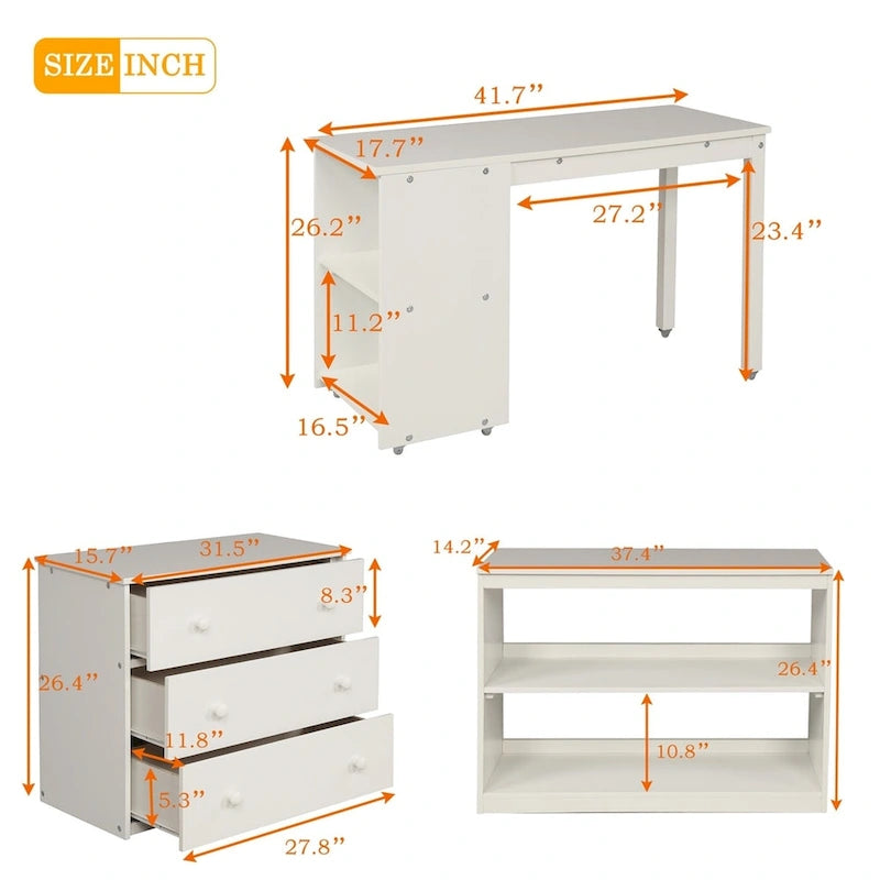 Letto a soppalco basso singolo con scrivania estraibile, 3 cassetti e libreria a 2 ripiani, legno di pino, espresso/grigio/bianco