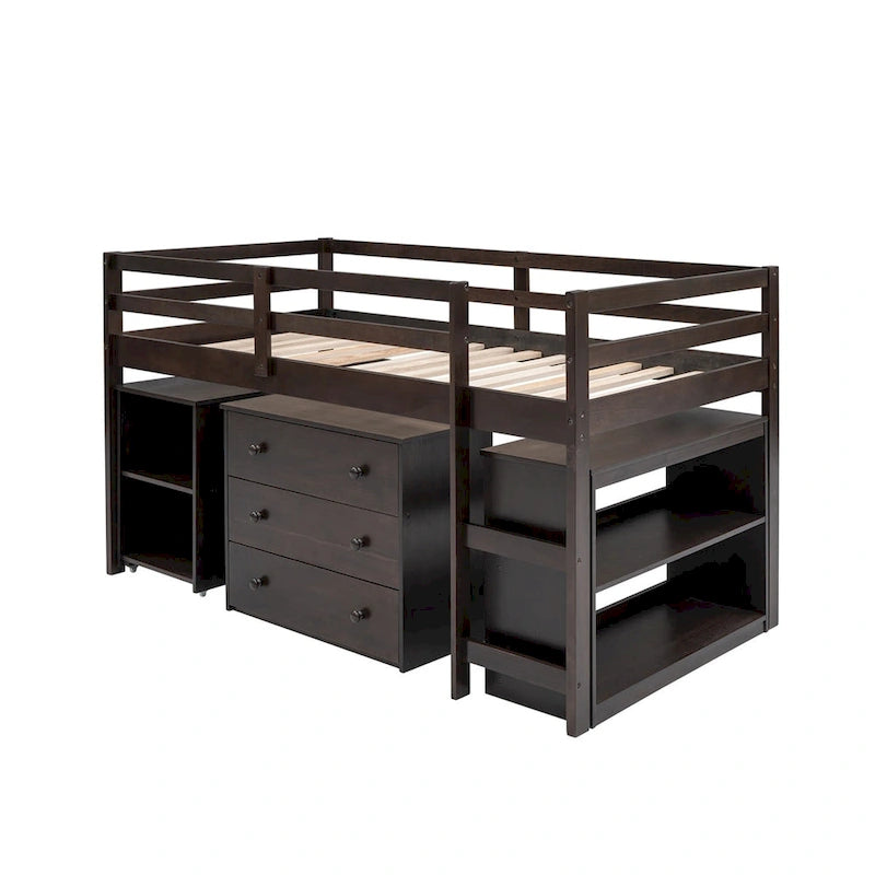 Letto a soppalco basso singolo con scrivania estraibile, 3 cassetti e libreria a 2 ripiani, legno di pino, espresso/grigio/bianco