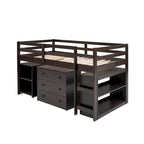 Letto a soppalco basso singolo con scrivania estraibile, 3 cassetti e libreria a 2 ripiani, legno di pino, espresso/grigio/bianco