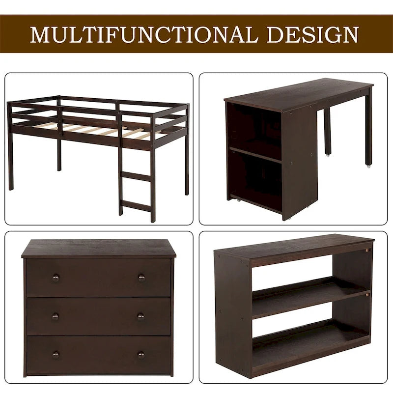 Letto a soppalco basso singolo con scrivania estraibile, 3 cassetti e libreria a 2 ripiani, legno di pino, espresso/grigio/bianco
