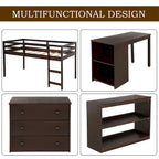 Letto a soppalco basso singolo con scrivania estraibile, 3 cassetti e libreria a 2 ripiani, legno di pino, espresso/grigio/bianco