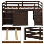 Letto a soppalco basso singolo con scrivania estraibile, 3 cassetti e libreria a 2 ripiani, legno di pino, espresso/grigio/bianco