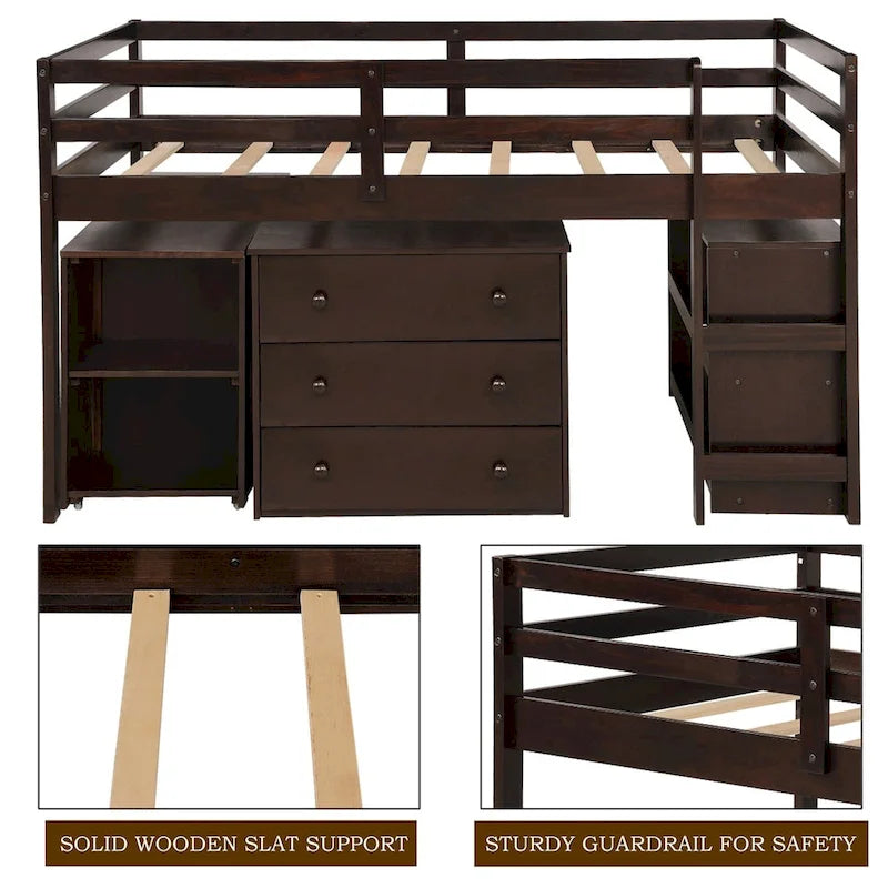 Letto a soppalco basso singolo con scrivania estraibile, 3 cassetti e libreria a 2 ripiani, legno di pino, espresso/grigio/bianco