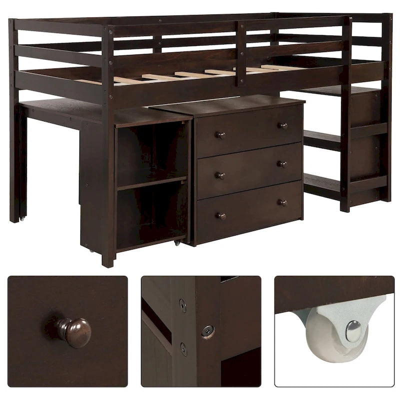 Letto a soppalco basso singolo con scrivania estraibile, 3 cassetti e libreria a 2 ripiani, legno di pino, espresso/grigio/bianco