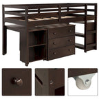 Letto a soppalco basso singolo con scrivania estraibile, 3 cassetti e libreria a 2 ripiani, legno di pino, espresso/grigio/bianco