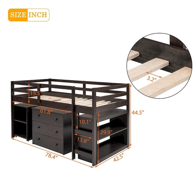 Letto a soppalco basso singolo con scrivania estraibile, 3 cassetti e libreria a 2 ripiani, legno di pino, espresso/grigio/bianco