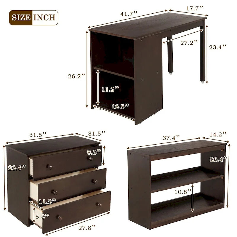 Letto a soppalco basso singolo con scrivania estraibile, 3 cassetti e libreria a 2 ripiani, legno di pino, espresso/grigio/bianco
