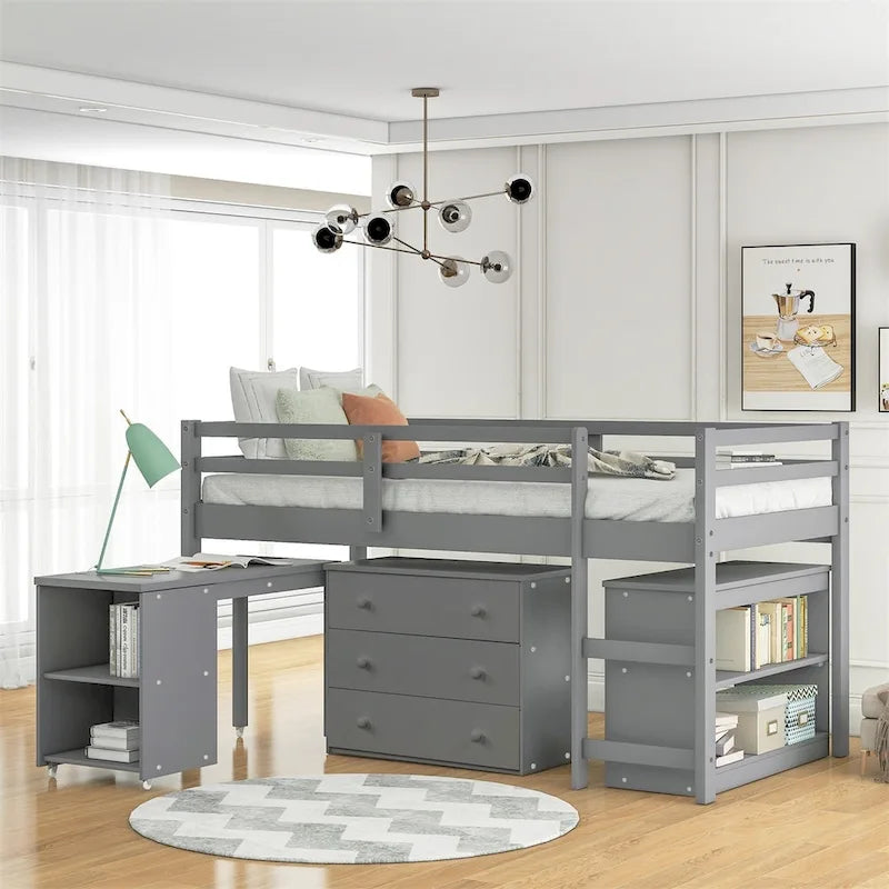 Letto a soppalco basso singolo con scrivania estraibile, 3 cassetti e libreria a 2 ripiani, legno di pino, espresso/grigio/bianco