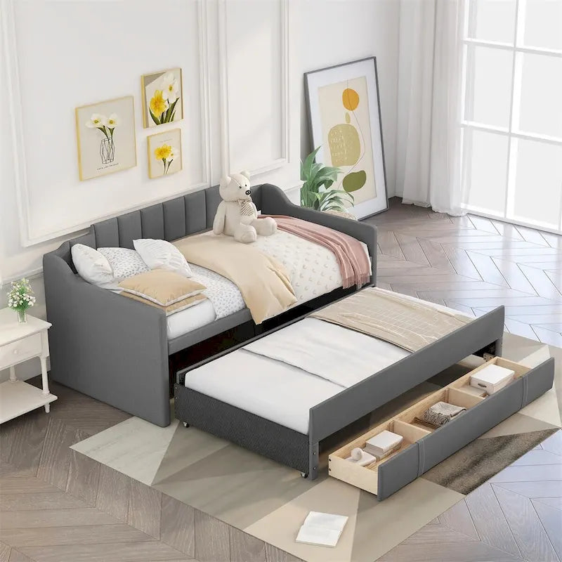 Divano Letto Singolo Imbottito con Letto Estraibile e 3 Cassetti Contenitori, Letto Moderno per Ospiti