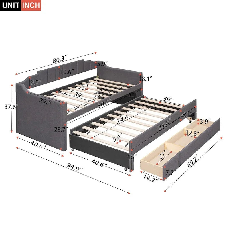 Divano Letto Singolo Imbottito con Letto Estraibile e 3 Cassetti Contenitori, Letto Moderno per Ospiti