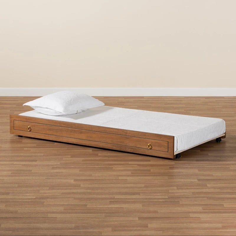 Struttura letto a rotelle singola in legno con anelli in metallo color marrone noce e oro