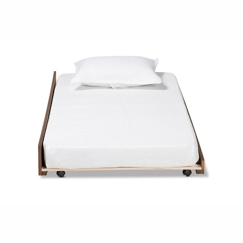 Struttura letto a rotelle singola in legno con anelli in metallo color marrone noce e oro