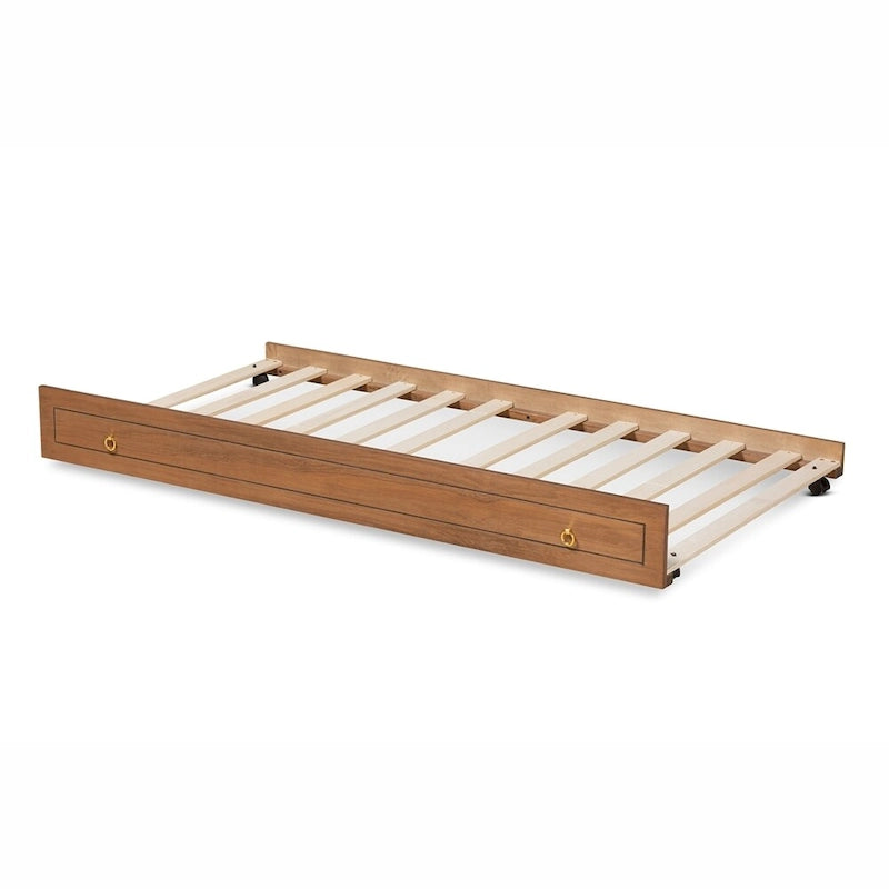 Struttura letto a rotelle singola in legno con anelli in metallo color marrone noce e oro