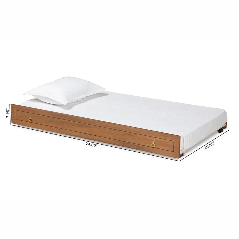 Struttura letto a rotelle singola in legno con anelli in metallo color marrone noce e oro