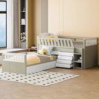 Letto a soppalco e a piattaforma a L salvaspazio con 7 cassetti e sponde di protezione complete