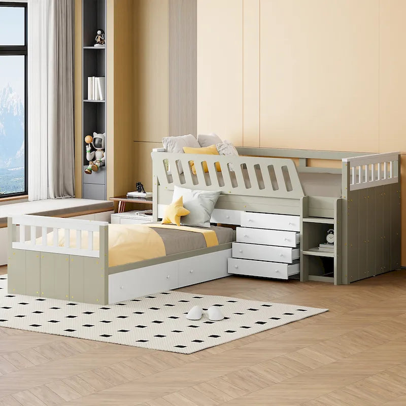 Letto a soppalco e a piattaforma a L salvaspazio con 7 cassetti e sponde di protezione complete