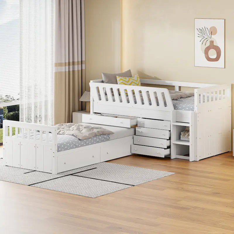 Letto a soppalco e a piattaforma a L salvaspazio con 7 cassetti e sponde di protezione complete