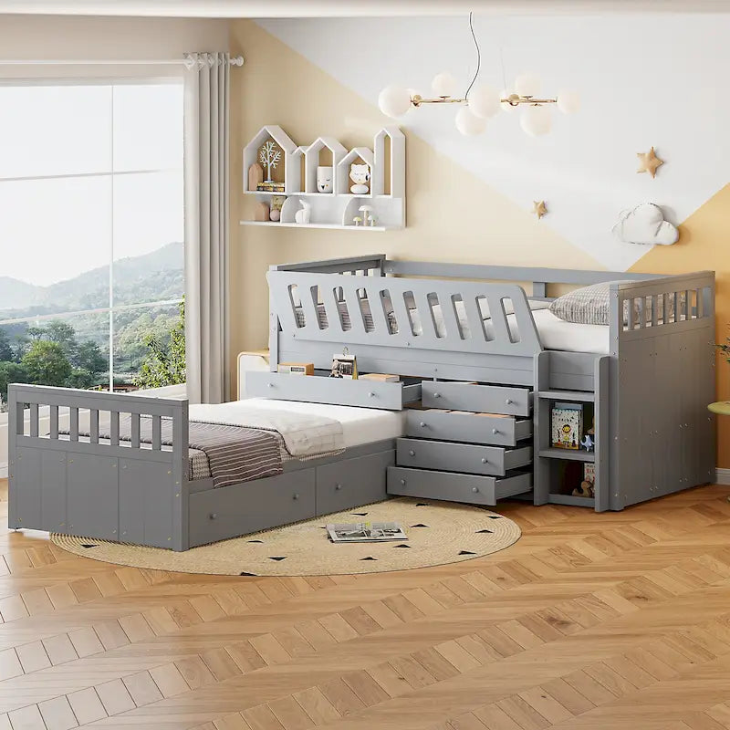 Letto a soppalco e a piattaforma a L salvaspazio con 7 cassetti e sponde di protezione complete