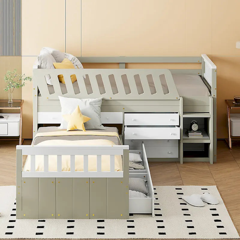 L-shaped Space-Saving Loft and Platform Bed with 7 Drawers and Full Guardrails